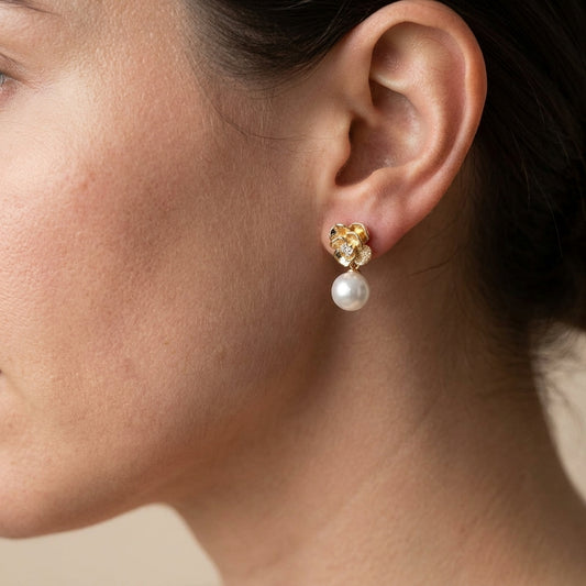 Pearl Rose Drop Studs – Gold with CZ