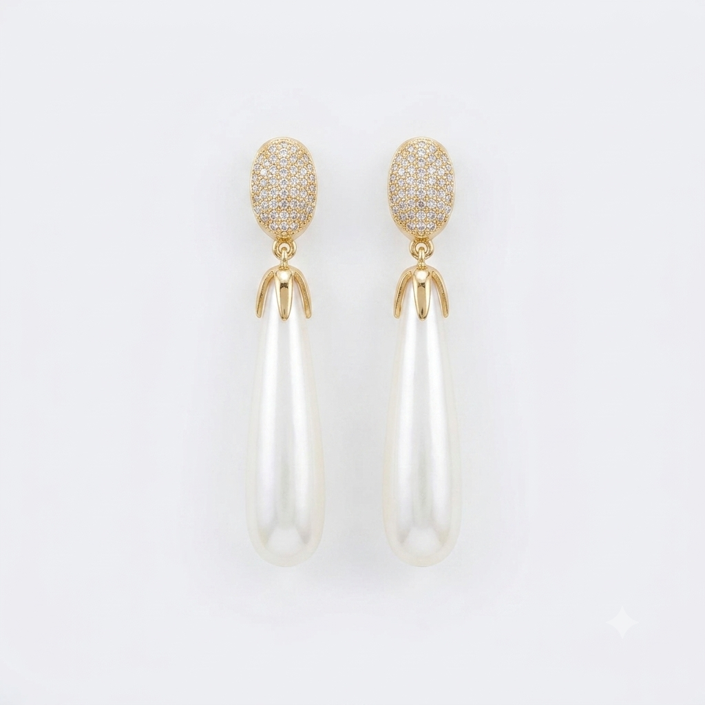 Gold Pearl Crystal Drop Earrings