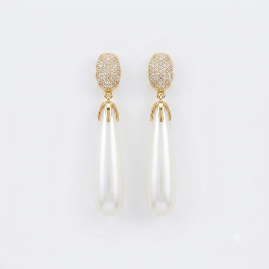 Gold Pearl Crystal Drop Earrings