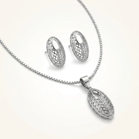 Silver Oval Pendant Necklace & Earring Set