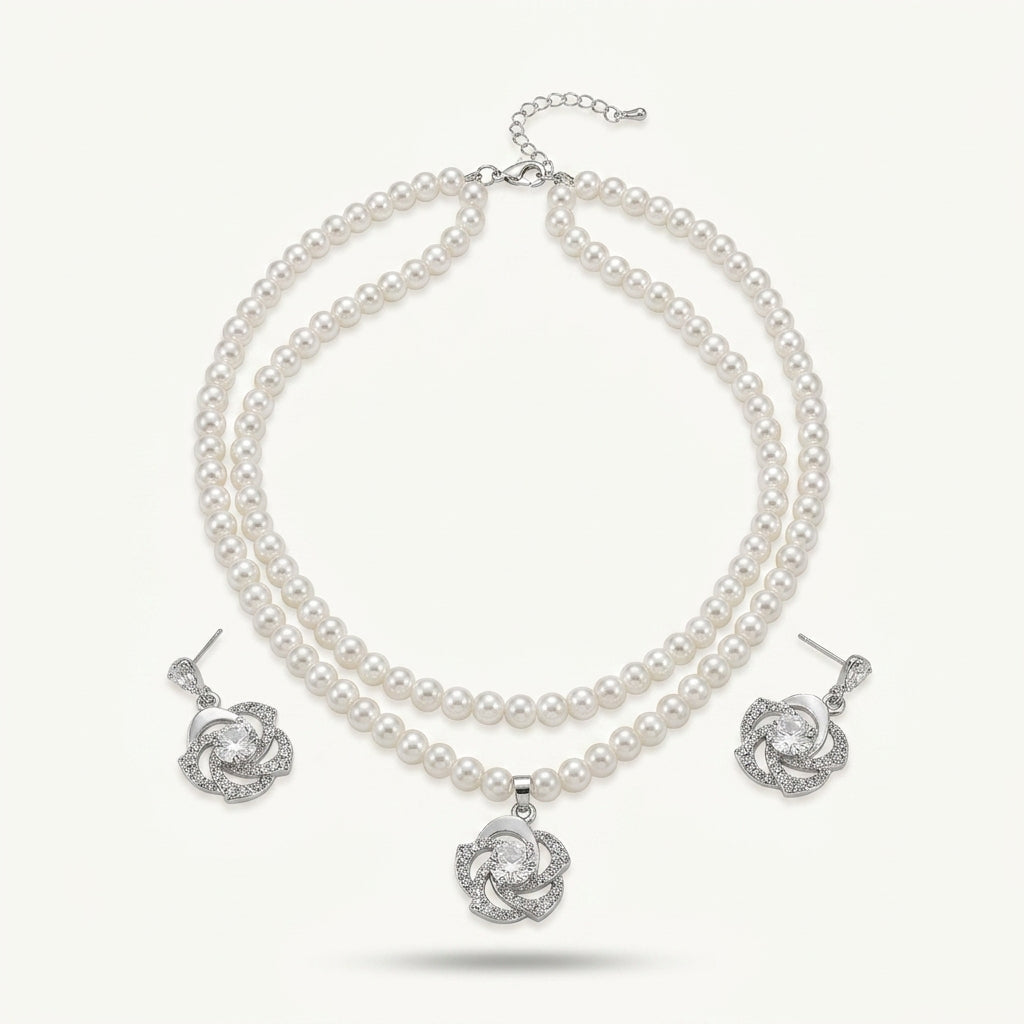 Silver Pearl Necklace & Earring Set Women