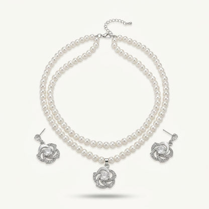Silver Pearl Necklace & Earring Set Women