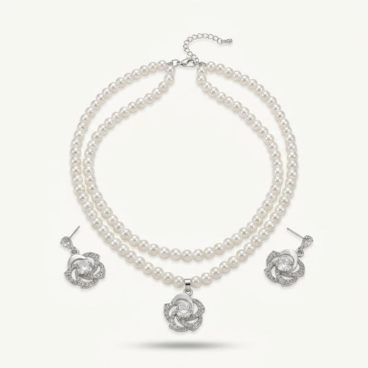 Silver Pearl Necklace & Earring Set Women