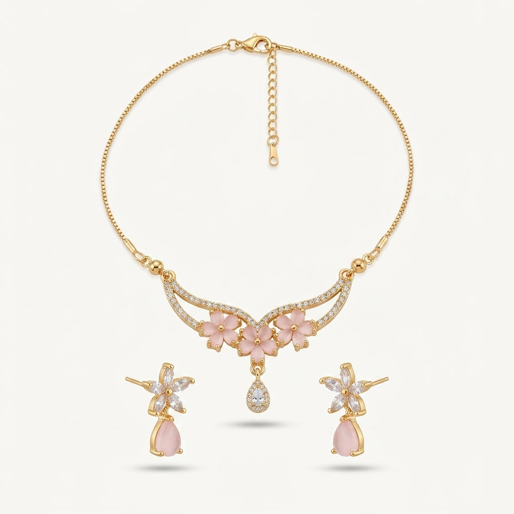Tranzea Pink Floral Necklace & Earring Set