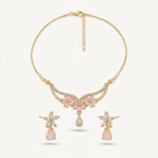 Tranzea Pink Floral Necklace & Earring Set