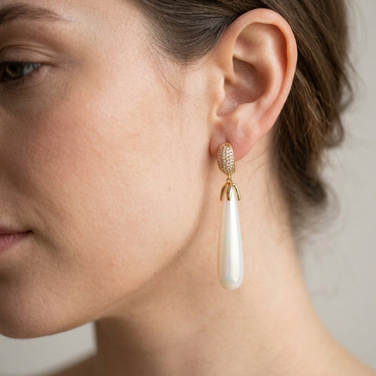 Gold Pearl Crystal Drop Earrings