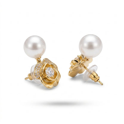 Pearl Rose Drop Studs – Gold with CZ