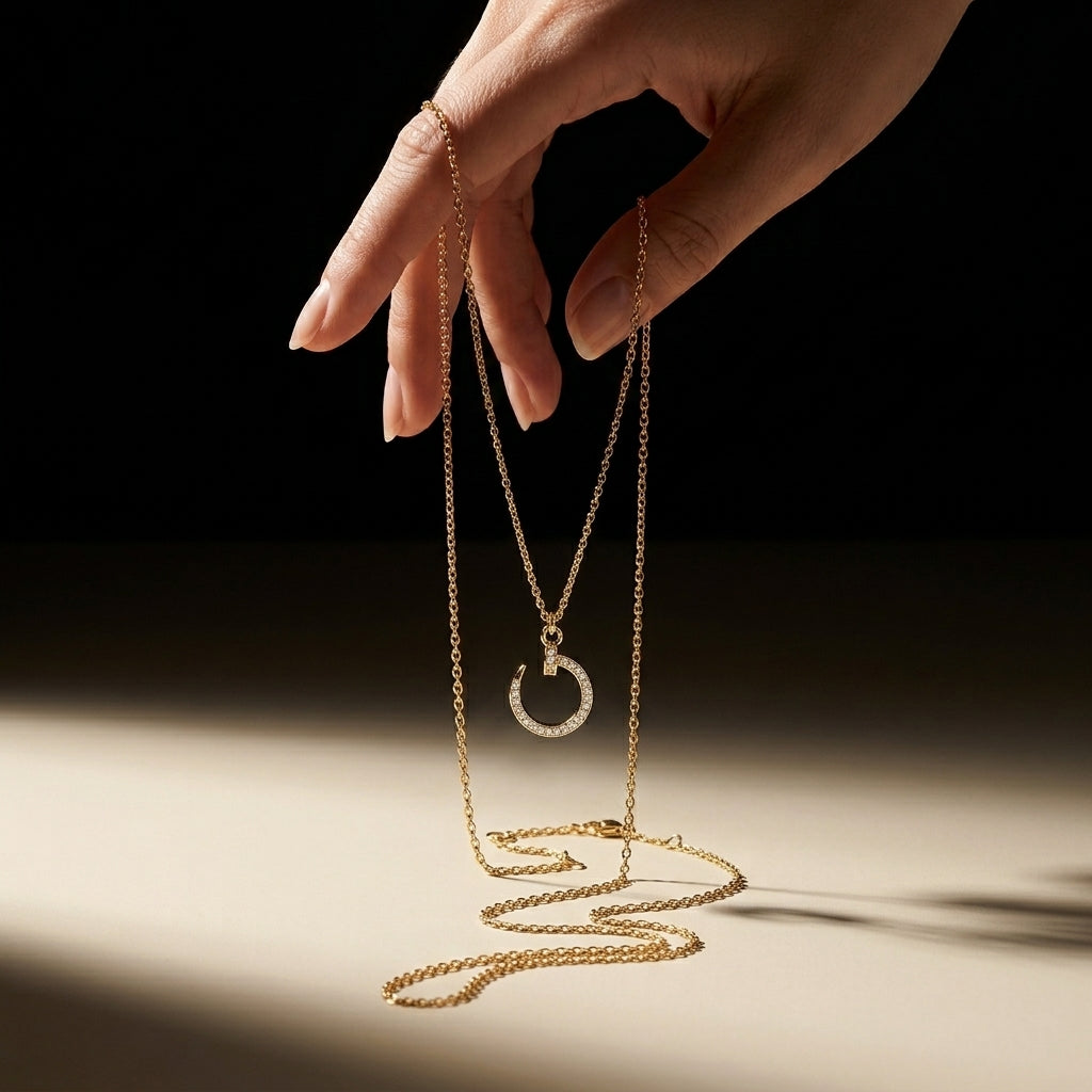 Tranzea gold crescent moon necklace with CZ stones