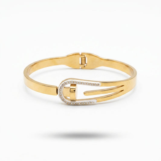Gold plated pin buckle cuff bangle with CZ stones