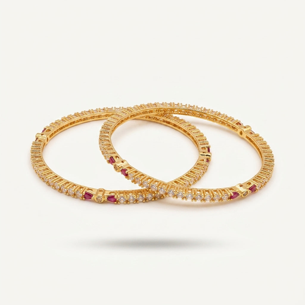 Gold ruby bangle set with CZ stones and pink red details