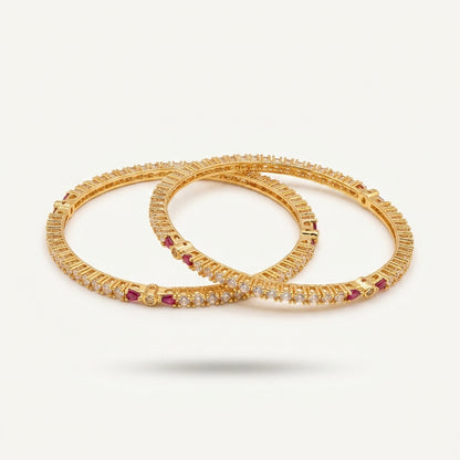 Gold ruby bangle set with CZ stones and pink red details