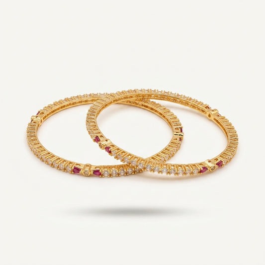 Gold ruby bangle set with CZ stones and pink red details