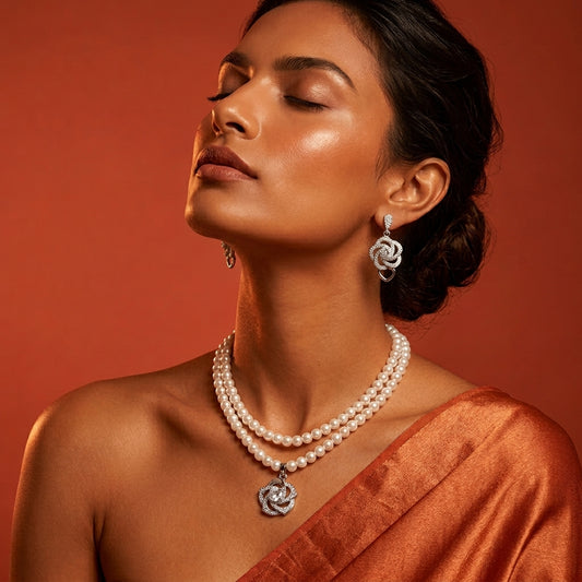 How to style a silver pearl necklace and earring set for women