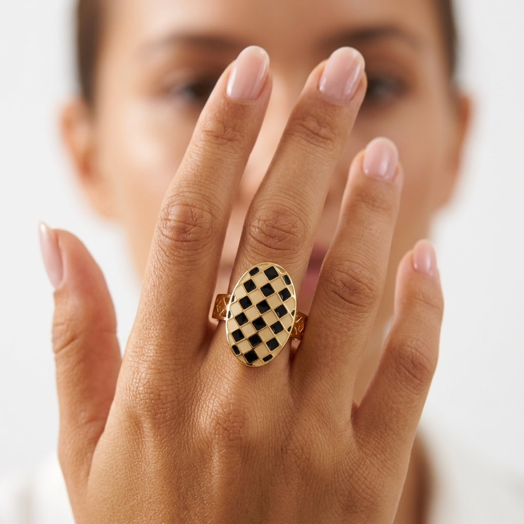 Tranzea black ivory checkerboard dome ring for women with gold-plated band