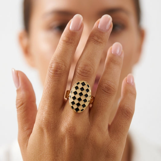 Tranzea black ivory checkerboard dome ring for women with gold-plated band